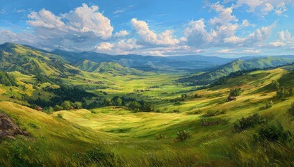 Naklejka premium Panoramic vista of a valley nestled between rolling hills. Lush green meadows and forests extend into a distant valley beneath a vibrant blue sky dotted with fluffy white clouds