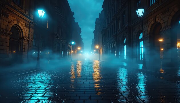 Eerily captivating street view featuring glowing lamps illuminating fog-shrouded cobblestone, creating a moody and cinematic atmosphere on a quiet night