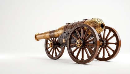 Fototapeta premium Elaborately Decorated Ornamental Cannon with Intricate Details, Resting on Wooden Wheels, on a Minimalist Plain Background