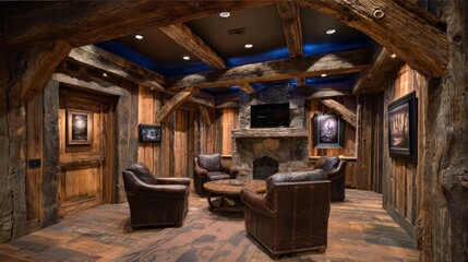 Rustic Wood Interior Lounge Area With Leather Chairs And Fireplace