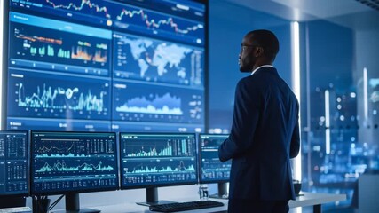 Financial Analyst Monitors Real-Time Data on Multiple Screens in a Modern Data Center Environment - Powered by Adobe