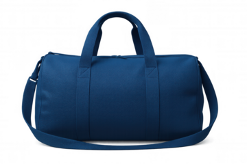 Classic blue sports bag with short handles and shoulder strap, isolated on transparent background, perfect for gym, travel or sport activities