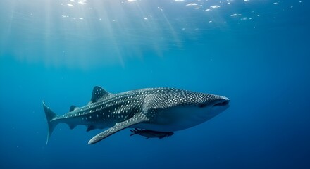 A lone whale shark illuminated by shafts of sunlight in the deep blue abyss, surrounded by drifting plankton. Moody and serene, with a sense of immense scale. Shot on a high-resolution DSLR with natur