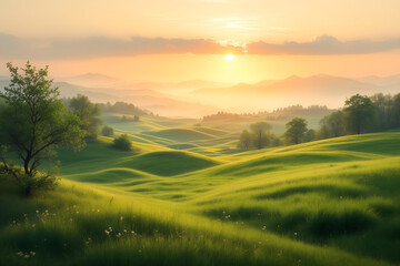 Obraz premium Rolling green hills bathed in soft golden sunset light with distant mountains nature