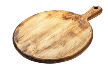 Rustic wooden cutting board isolated on transparent background