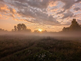 Golden morning mist harmoniously embracing wildflowers at sunrise.
