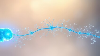A detailed render of a neuron with a blue axon and dendrites on a blurred gradient background