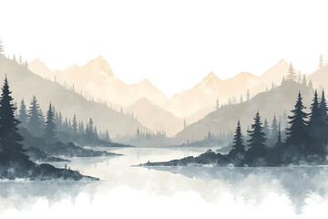 Serene Lake and Mountain Landscape with Pine Forest Reflection