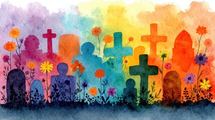 Colorful watercolor graveyard with cross silhouettes and flowers. All Saints' Day