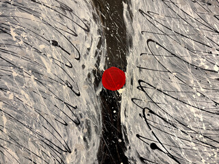 Close up of black and white random abstract brush strokes, with red dots in the middle. Suitable for wall painting, and decoration. Graphic background seamless texture.