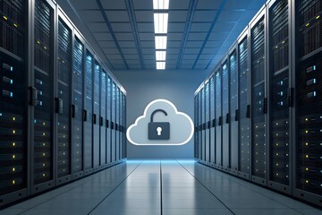 Server room with cloud security icon data center servers