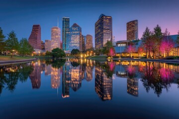 Fototapeta premium Houston skyline at dawn, reflected in a tranquil pond