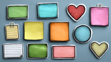 Hand drawn memo paper sheet icon set in flat style. Simple sticky note set. Sticky note vector illustration on isolated background. Memo doodle. A variety of paper stickers. 