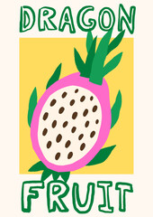 Summer tropical exotic fresh fruits vector illustration. Bold bright poster design with dragon fruit, pitahaya