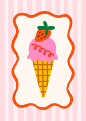 Cute summer food vector illustration. Bold bright poster design with ice cream cone in whimsical frame on striped background