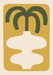 Neutral colors floral vector illustration. Minimalist poster design with tropical plant in boho vase on yellow background