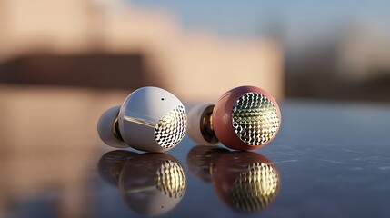 Two wireless earbuds with decorative accents.