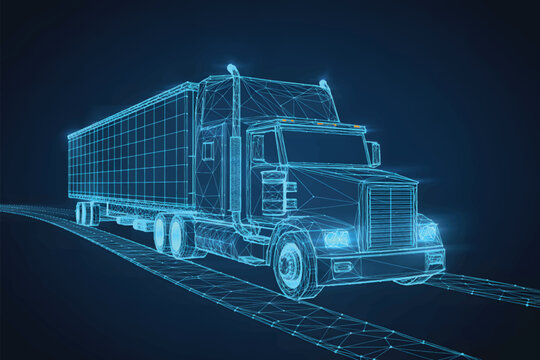 A wireframe 3D rendering of a semi-truck in a low-poly style on a blue background