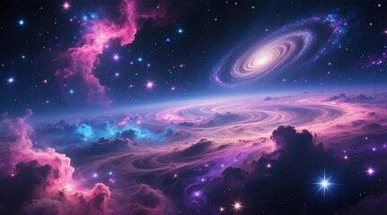 Obraz premium ​Luminous spiral galaxies drift through a celestial sea of pink and purple nebulas, with countless stars illuminating the cosmic clouds in deep space.