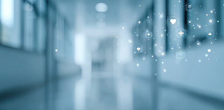 Blurred hospital corridor with medical icons (1)