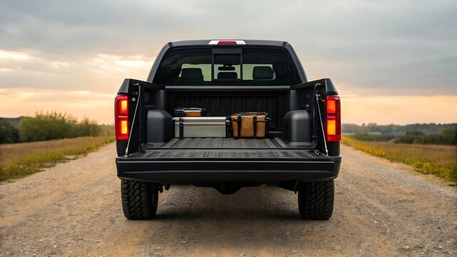 The back of a black pickup truck on a dirt road with the tailgate open, ready for adventure and exploration in nature