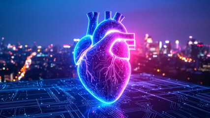 Digital Heart Illuminated Above Cityscape: Futuristic Medical Technology Visualization - Powered by Adobe