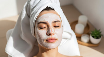 Serene woman with a rejuvenating facial mask enjoying a moment of peaceful self-care and relaxation in a bright, tranquil wellness environment.