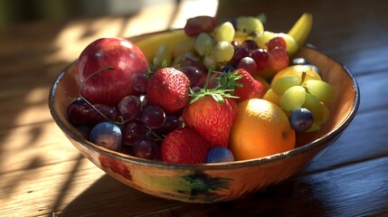 Assorted fruits in a decorative bowl on a wooden table.