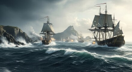 Obraz premium Naval battle scene with sailing ships in rough seas