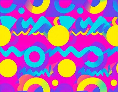 Vibrant geometric pattern with circles, waves, and zigzags in pink, blue, and yellow. - Powered by Adobe