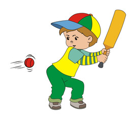 Close-up vector illustration of a cartoon cricket player in mid-swing, striking the ball from the front view.