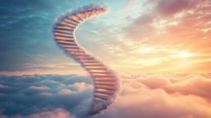 A surreal spiral staircase ascends through vibrant clouds, illuminated by a stunning sunset, evoking a sense of wonder and limitless possibilities.