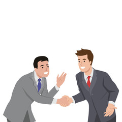 Two businessmen in suits happily shaking hands, symbolizing cooperation and successful partnership. Flat vector illustration isolated on white background