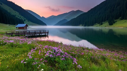 Peaceful Mountain Lake at Sunrise with Pink Flowers