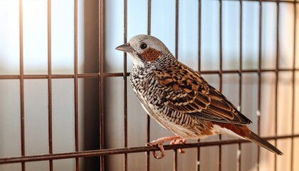 Pet Bird Sitting Calmly in a Brown Cage