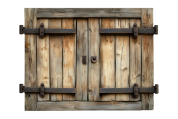 Weathered wooden window with rustic shutters and metal hardware isolated on transparent background