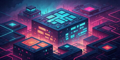 Illuminated futuristic cyberpunk cityscape with glowing geometric structures and neon circuitry evoking a digital network in a dark mysterious environment
