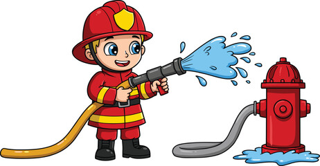 Cute firefighter cartoon kid spraying water from hose, red fire hydrant, fire safety, emergency responder, protective gear, firefighter uniform, young hero, safety awareness, firefighting scene © Shammi's World