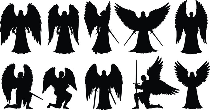 Dark angel silhouettes with swords, fantasy warrior angels, black winged figures, celestial guardians, mystical battle stance, divine protectors, powerful angelic warriors, dark fantasy art