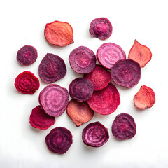 Loosely scattered dried beet chips isolated on a plain background, perfect for healthy snack