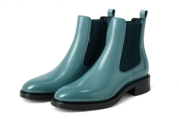 Studio shot of stylish turquoise ankle boots with a glossy finish, showcasing modern footwear design on a transparent background