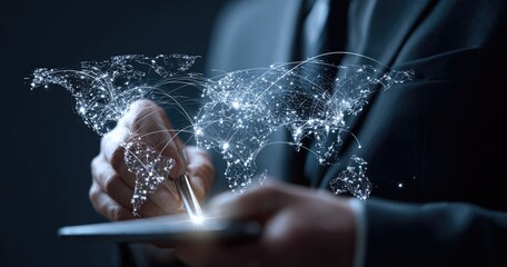 Businessman interacts with digital world map