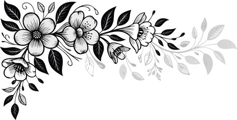 Black and White Floral Happy Birthday Card Illustration with Elegant Flowers and Leaves