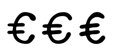 Set of hand drawn euro currency symbol. Brush stroke doodle. Single element for design