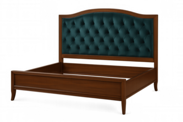 Luxurious bed frame showcasing a teal headboard with button tufting and a polished wooden structure, ideal for interior design projects