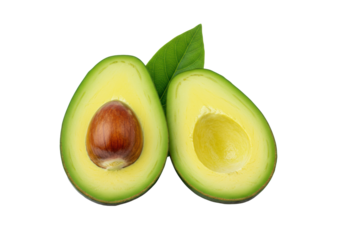 Vibrant green avocado halves, one with a dark pit, one with smooth yellow-green flesh, with a fresh leaf, on a transparent studio background with copy space, natural healthy food concept