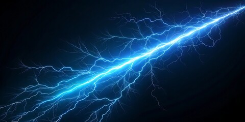 A powerful bright blue lightning bolt streaks across a dark starless sky illuminating the night with its electric energy and branching tendrils