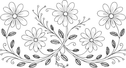 Floral Arrangement Black and White Daisy Flowers, Branches, and Leaves, Hand Drawn Illustration