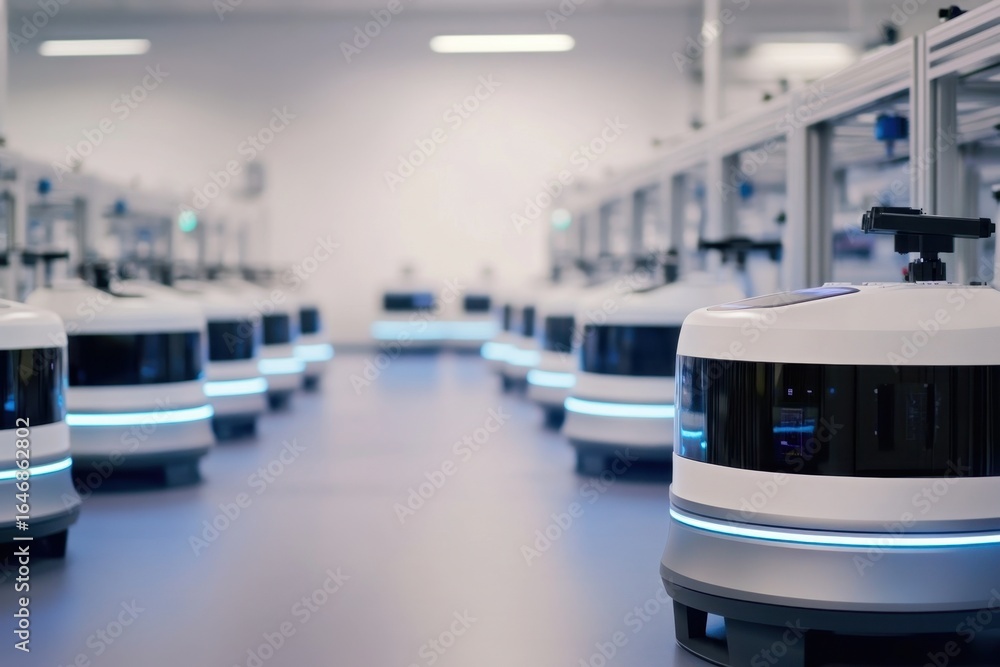 Poster innovative robots in a modern technology facility working efficiently in a streamlined environment