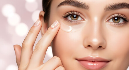 Radiant young woman with perfect skin applying cosmetic cream under her eyes. Beauty and skincare routine for a fresh, youthful look